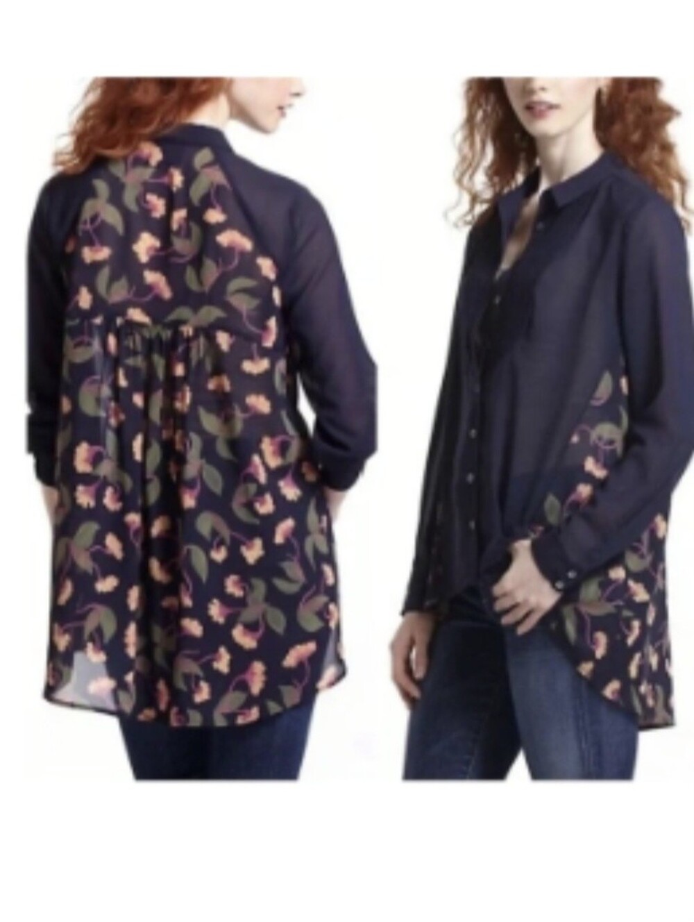 Anthropologie Maeve Ira Navy Blue Floral Hi-Low Button Blouse
